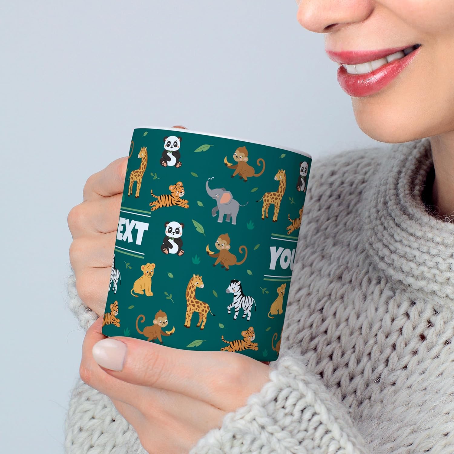 Personalized Mug for Kids - Zoo Animals - Custom Name/Text, Ceramic Hot Chocolate/Cocoa/Coffee Cup for Boys/Girls, Birthday/Christmas/Holiday Gift - 15 oz, Pink Handle