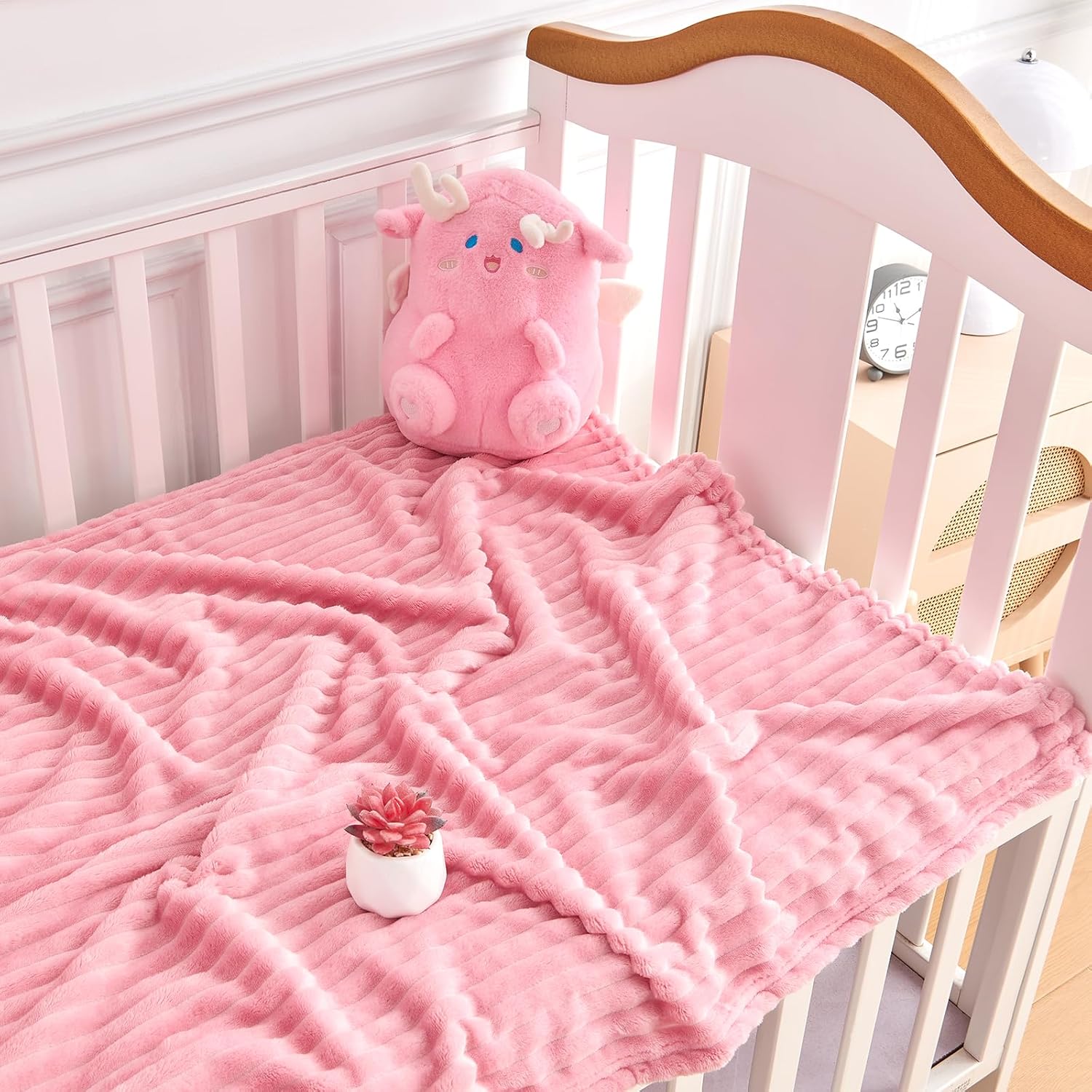 Soft Fleece Baby Blanket Ultra Cozy Pink Baby Blankets for Girls Warm and Lightweight Infant Toddler Newborn Receiving Gift with Reversible Stripes for Crib Stroller, 30x40 Inch, Dark Pink