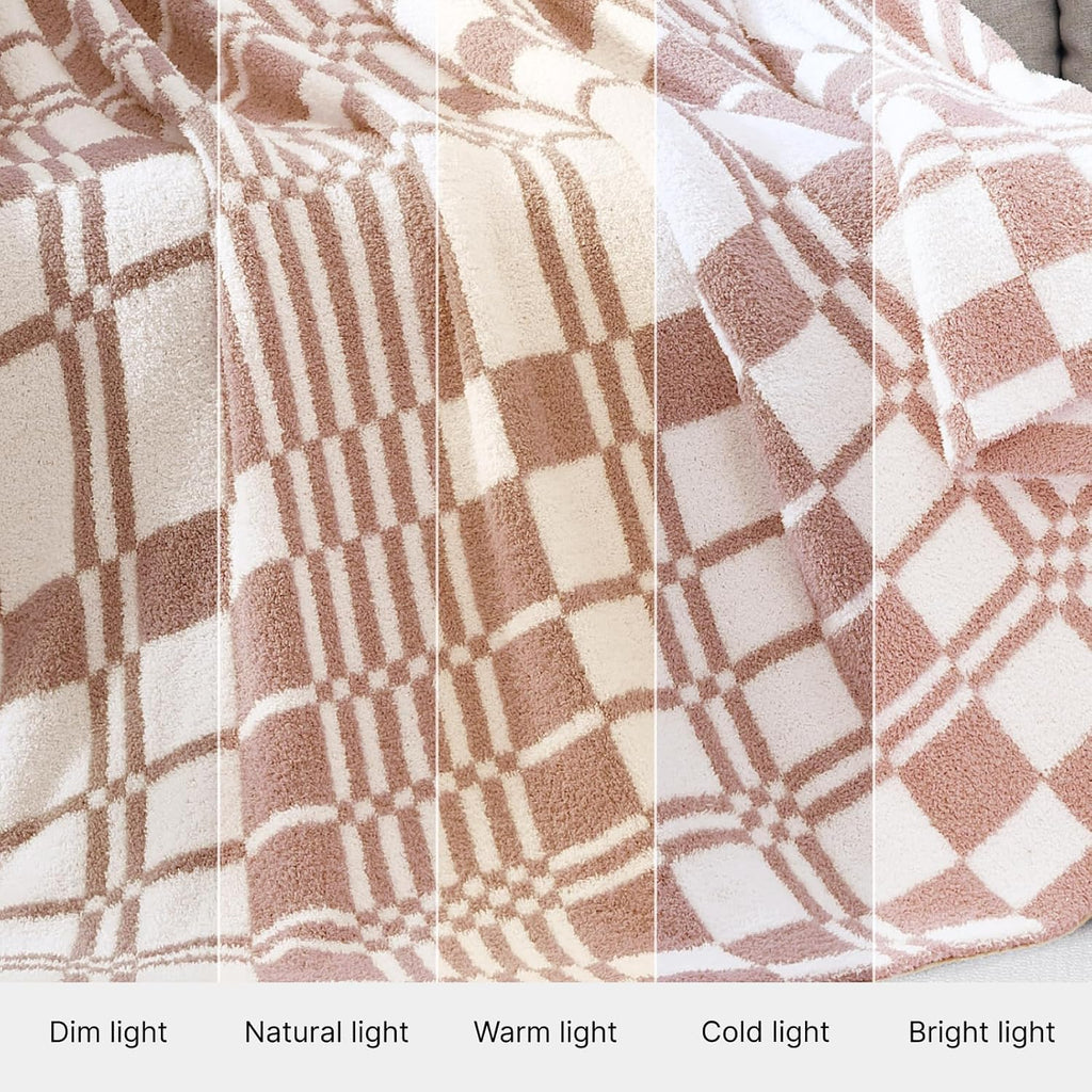 WRENSONGE Checkered Throw Blanket Clay Pink Soft Cozy Fluffy Warm Hand Made Weave Throw Blankets for Couch, Sofa, Chair, Bed, Camping, Picnic, Travel Lightweight Bed Blanket - 60"*80"