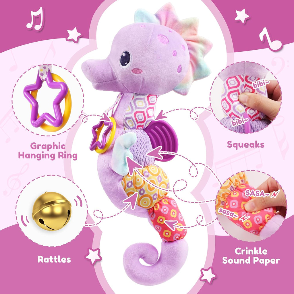 Baby Toys 0-6-12 Months,Musical Stuffed Animals Activity Soft Infant Toys with Multi-Sensory Crinkle, Rattle and Textures,Boys Newborn Baby Girl Toys, Seahorse, Purple