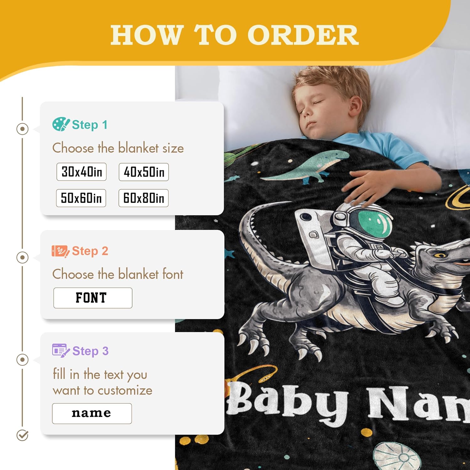 Cute Astronaut Riding Dinosaur Space Baby Blanket, Personalized Custom Baby Throw Blanket with Name for Boys Newborn Son Daughter Grandson Granddaughter Toddler Birthday Bed Blanket