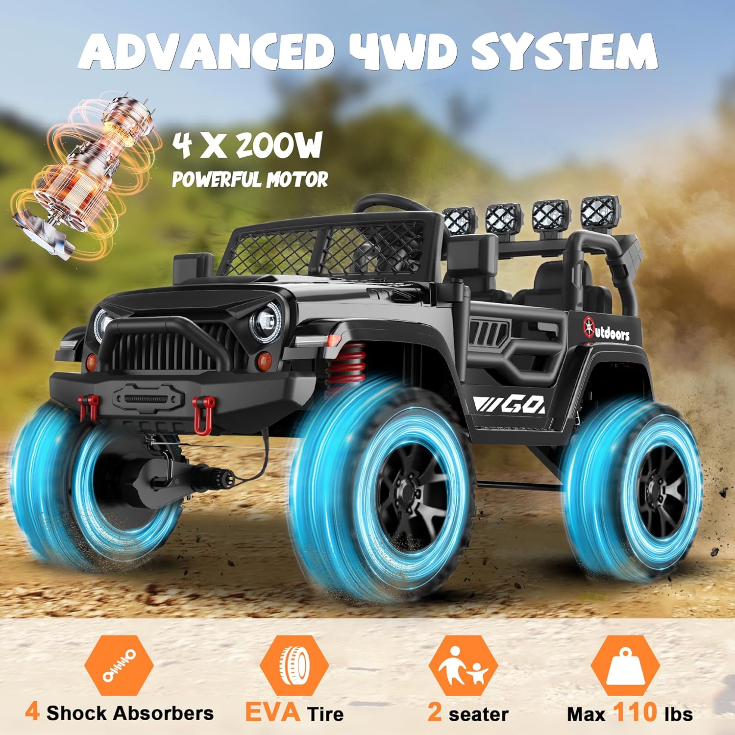 ANPABO 24V 2 Seater Ride On Car for Kids w/EVA Tires, 4X200W Motors, 4 Shock Absorbers, 2.4G Remote Control, Bluetooth Radio, LED Headlights & Searchlights, Electric Car for Kids Ages 3-8, Black