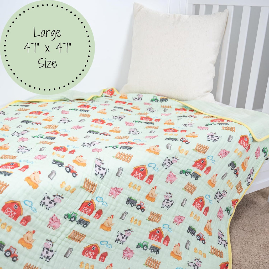 LollyBanks Muslin Baby Blanket 100% Organic Cotton, Muslin Quilt Lightweight, 6 Layers Soft Blanket Neutral, 47"x 47" Toddler Blankets for Girls and Boys, Nursery Receiving Blankets (Farm Theme Print)