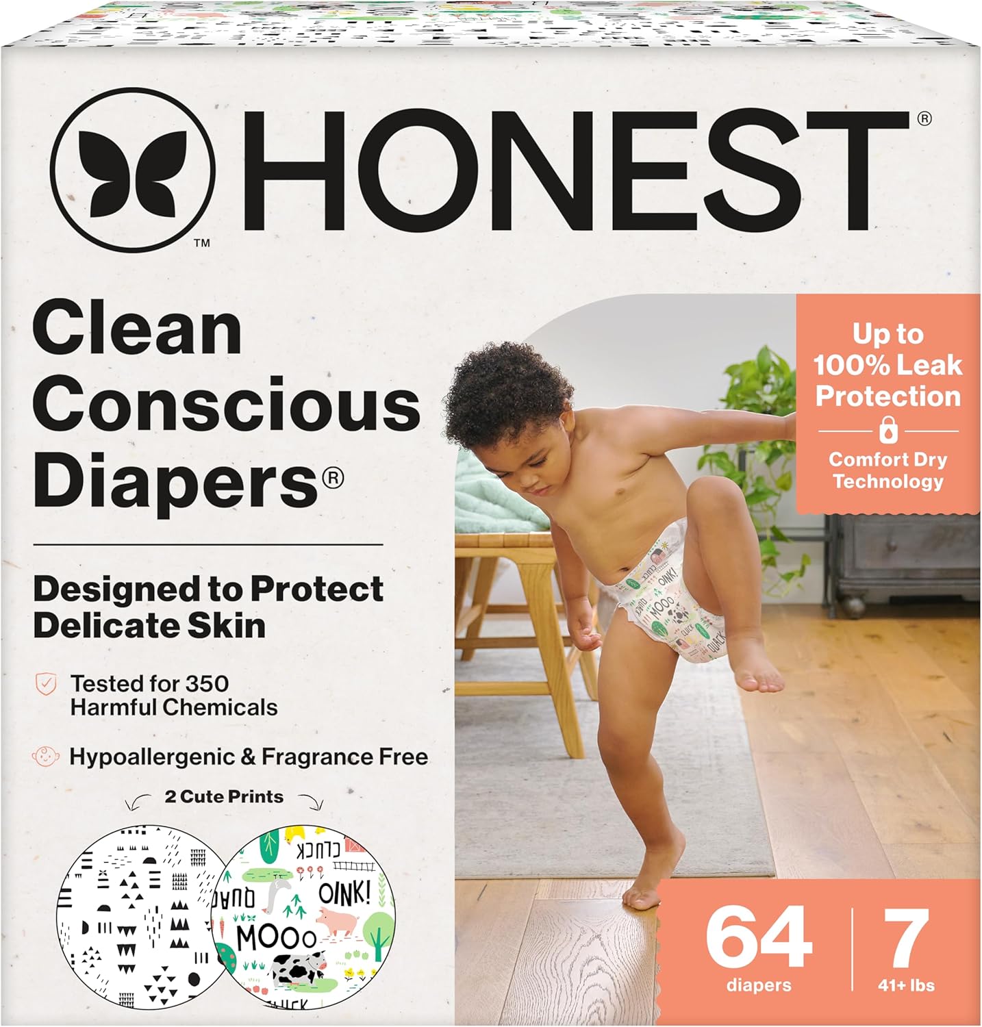 The Honest Company Clean Conscious Diapers for Delicate Skin | Up to 100% Leakproof | Hypoallergenic, Fragrance Free | Gender Neutral | Super Club Box, Size 7 (41+ lbs), 64 Count (Prints May Vary)