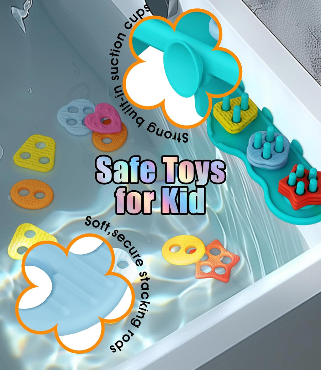 Baby Bath Toys Mold-Free Silicone Bath Toys, Sensory Shape Sorting & Stacking Set Includes 20 Floating Pieces, Early Learning Bathtub Toys for Toddlers