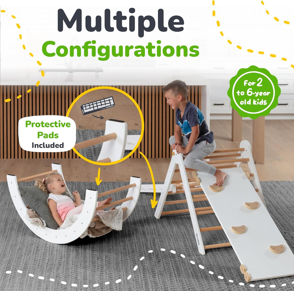 6-in-1 Pikler Triangle Climbing Set - Climbing Toys for Toddlers - Montessori Climbing Set - Indoor Wooden Play Gym for 2-6-Year-Olds - White