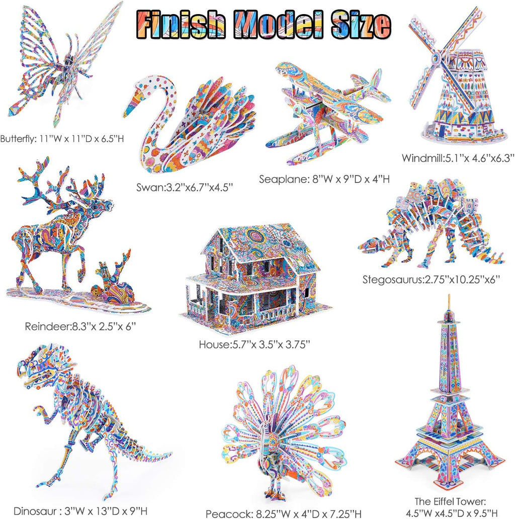 3D Coloring Puzzle Set, Arts and Crafts for Girls and Boys Age 6 7 8 9 10 11 12 Year Old, Fun Educational Painting Crafts Kit with Supplies for Kids, Birthday Toy Gift for Kids
