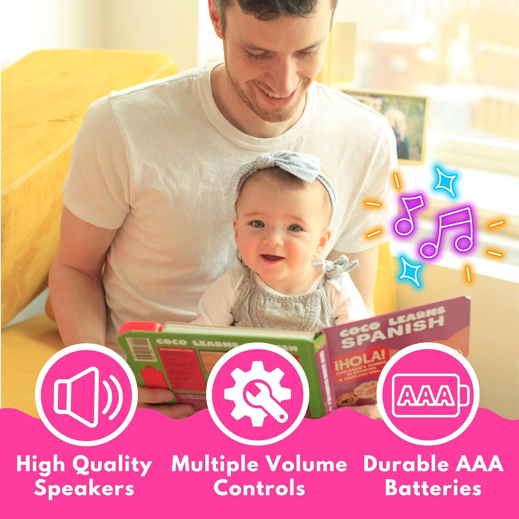 Musical Spanish Books for Kids 1-3, Spanish English Toys for Babies & Toddlers 1-3, Baby & Toddler Spanish Books, Bilingual Learning Toys 1 Year Old, Libros Infantiles en Español