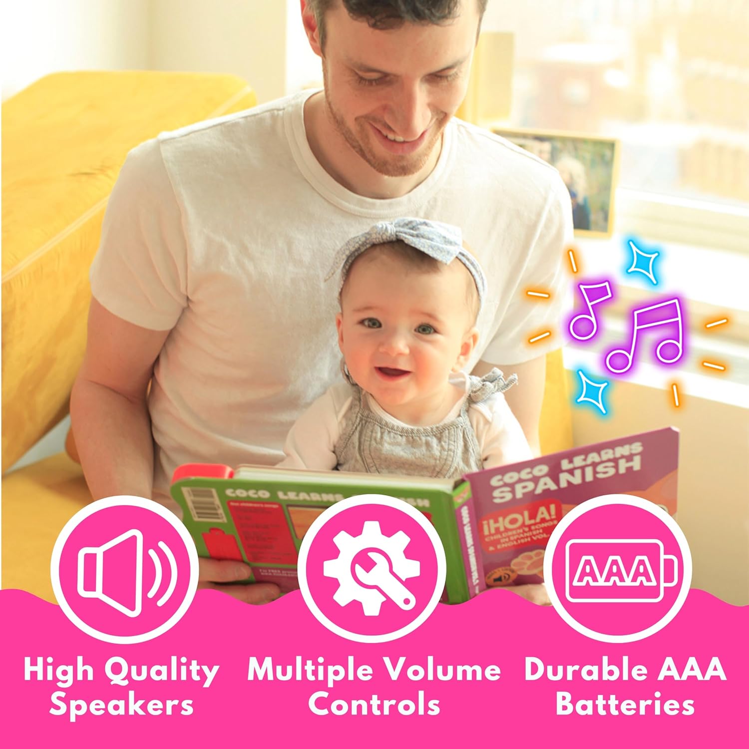 Musical Spanish Books for Kids 1-3, Spanish English Toys for Babies & Toddlers 1-3, Baby & Toddler Spanish Books, Bilingual Learning Toys 1 Year Old, Libros Infantiles en Español