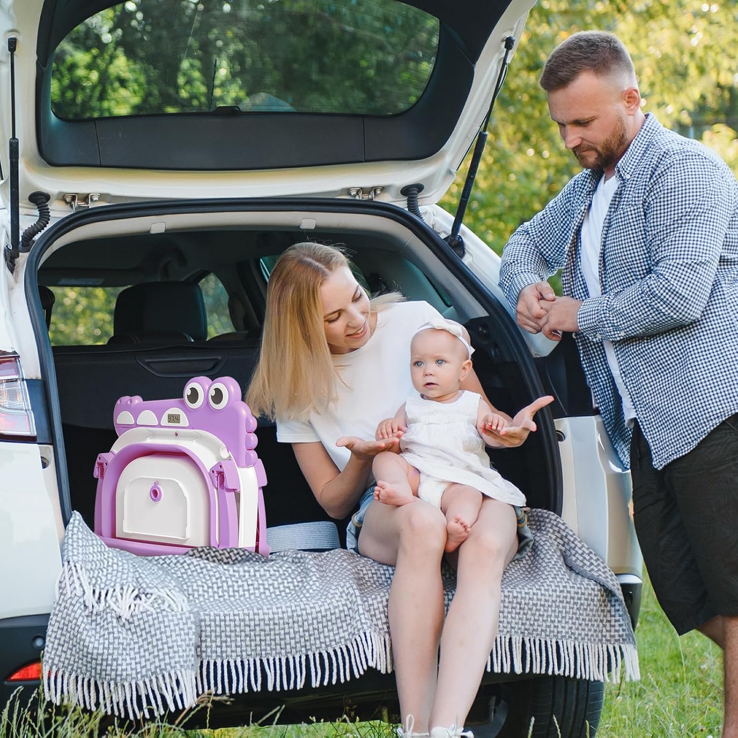 MoreFeel Collapsible Baby Bathtub for Newborn with Thermometer & 1 Hooded Towel & 1 Soft Floating Cushion,Portable Travel Bathtub with Drain Hole, Durable Foldable Baby Tubs for Infants to Toddler