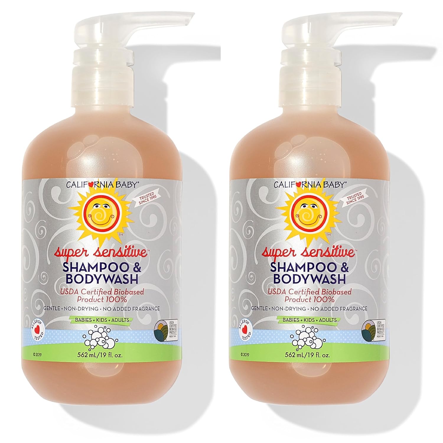 California Baby Super Sensitive Baby Shampoo and Body Wash | 100% Plant-Based | Gentle Fragrance Free Shampoo | Hypoallergenic | 19 Ounce (Pack of 2)