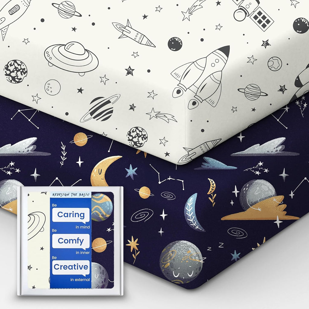 Crib Sheet for Boy Girl, Premium Soft Jersey Knit Fitted Crib Sheet, Safe and Snug, Durable, Stylish Crib Sheet, 28''x52''x9'' Extra Deep Pocket, Night Space
