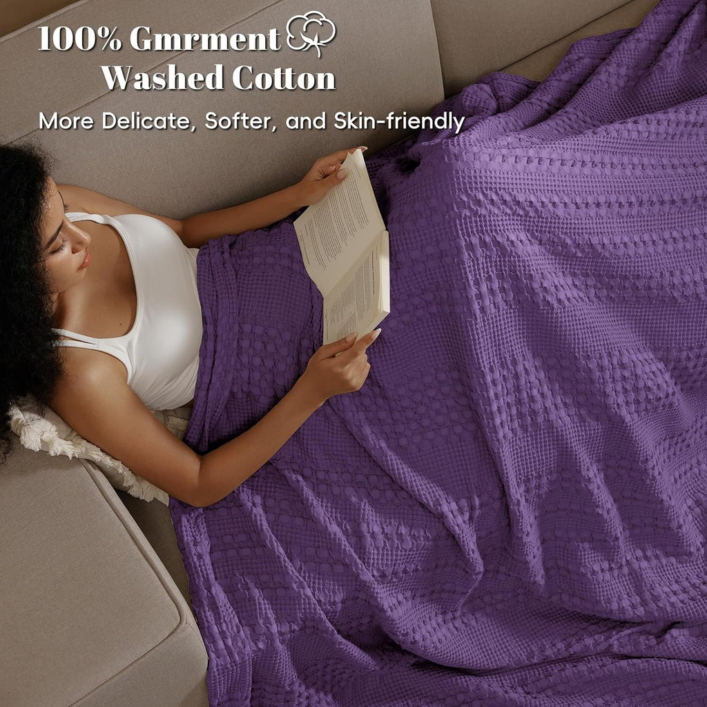 PHF 100% Cotton Waffle Weave Blanket King Size, Soft Lightweight Breathable Cozy Summer Blankets for Bed, Luxury Aesthetic Woven Bedding for Home Decor, 108"x90", Grape Purple