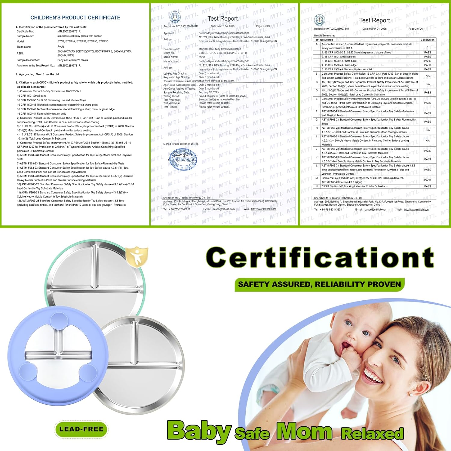 3-Pack Stainless Steel Baby Plates with Suction, BPA-Free Stainless Steel Kids Plates, 9” Divided Toddler Plate for Dishwasher Safe, Non-Slip Silicone Base, Detachable Design (Blue, Gray, Green)