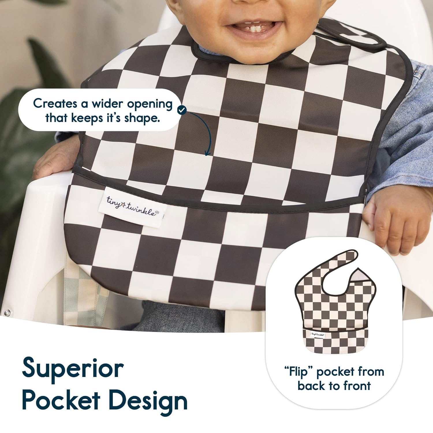 Tiny Twinkle Mess-Proof Baby Bib - Waterproof Bib for Baby Boy or Girl - Machine Washable - Adjustable Closure - PVC, BPA, & Phthalate Free - Great for Travel - Baby Food Bibs (3 Pack, Checkers Boy)