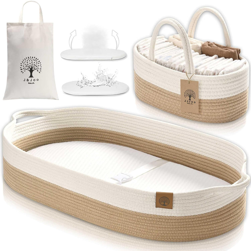 J&JOO Baby Changing Basket includes Diaper Caddy - Breathable & Waterproof Dual-Cover, Portable, Changing Pad for Dresser & Changing Table, Gift for Baby Shower (Brown & White, Diaper Caddy Set)