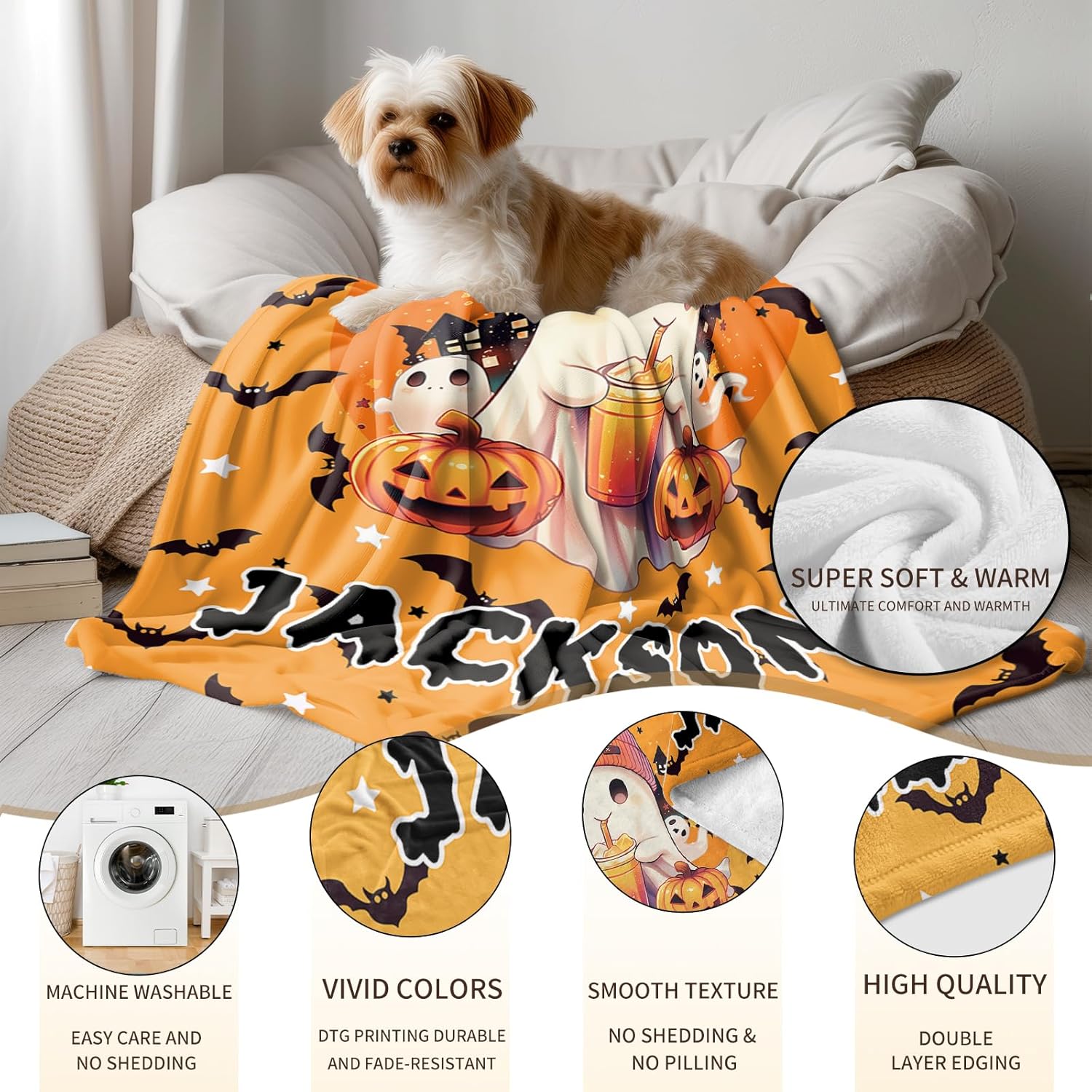 Ship Next Day, Custom Halloween Blanket - Printed in USA, Personalized Baby Blankets with Name, Gift for Kids Boys Girls, Unique Present for Birthday, Christmas, Halloween Bats Toddler Blanket