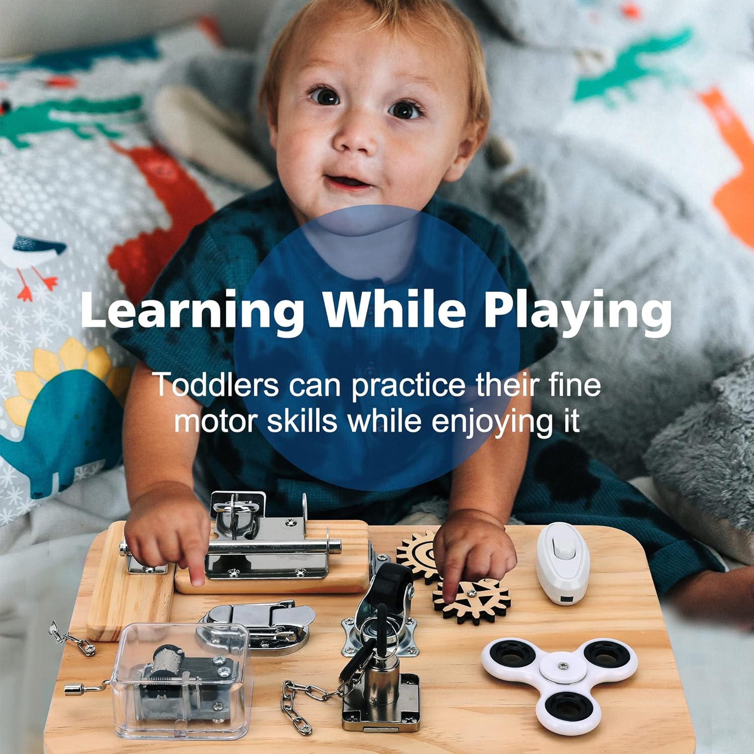 Wooden Montessori Toys Busy Board for 1 2 3 4 Year Old, Baby Toddler Sensory Toys, for Fine Motor Skills, for Autism ADHD