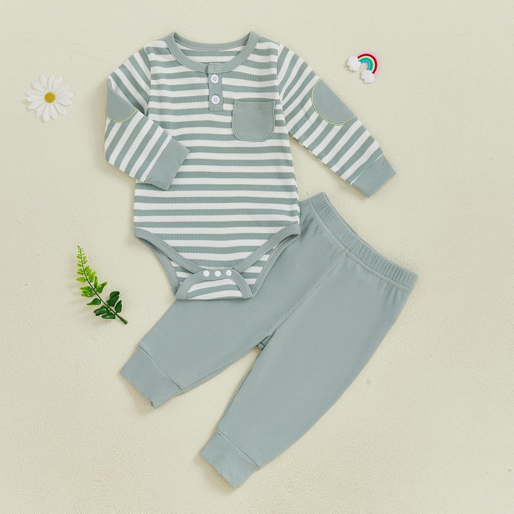 fhutpw Baby Boy Clothes 3 6 12 18 Months Ribbed Knitted Long Sleeve Romper and Pants Sets Newborn Fall Splicing Color Outfits
