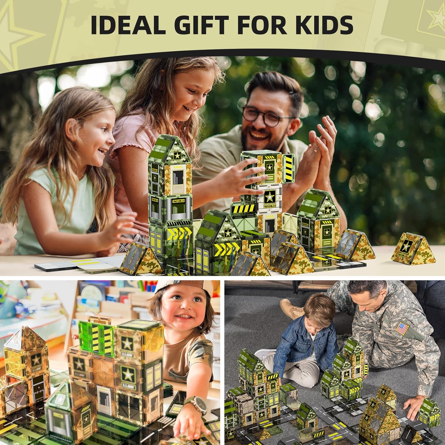 GobiDex Magnetic Tiles Army Toys, STEM Military Magnetic Building Blocks for Toddler Kids Ages 3-5 4-8, Sensory Magnet Construction Toys Birthday Gifts for 3+ Year Old Boys & Girls Army Men Playset