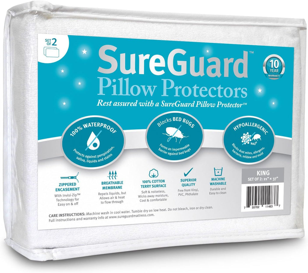 Set of 2 King Size SureGuard Pillow Protectors - 100% Waterproof, Bed Bug Proof, Hypoallergenic - Premium Zippered Cotton Terry Covers