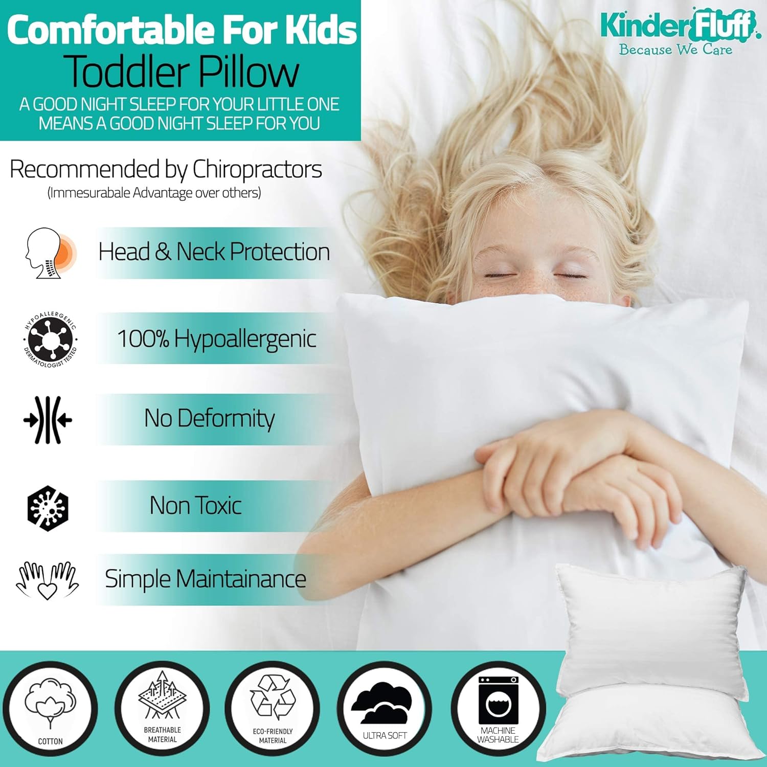 kinder Fluff Toddler Pillows (2pk) - The only Pillow for Kids 300T Cotton Shell & Down Alternative Fill - Machine Washable, Ideal Cushion for Kids Above 2 Years (13x18in - White)