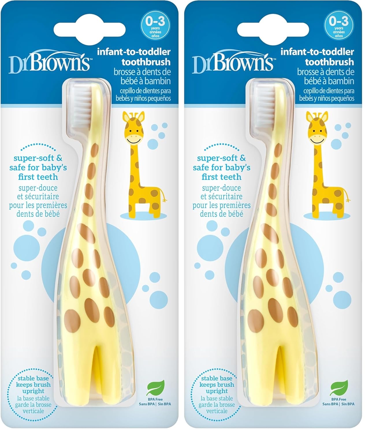 Dr. Brown's Infant-to-Toddler Training Toothbrush, Soft for Baby's First Teeth, Giraffe, 0-3 Years (Pack of 2)