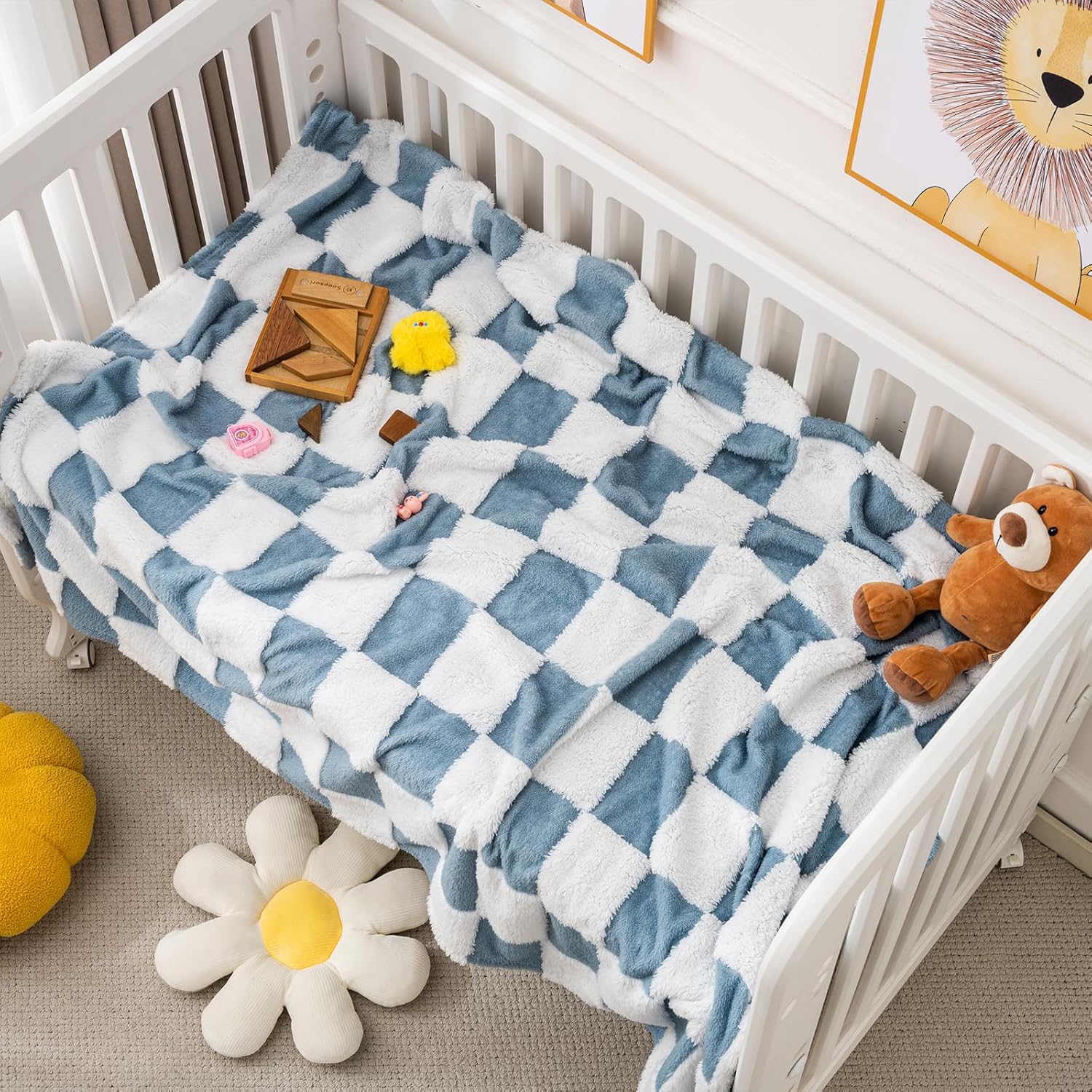 Fleece Baby Blanket for Boys 3D Checkerboard Design, Warm Cozy and Fluffy Infant Newborn Toddler Small Receiving Blankets for Crib Stroller, 30x40 Inches, Blue