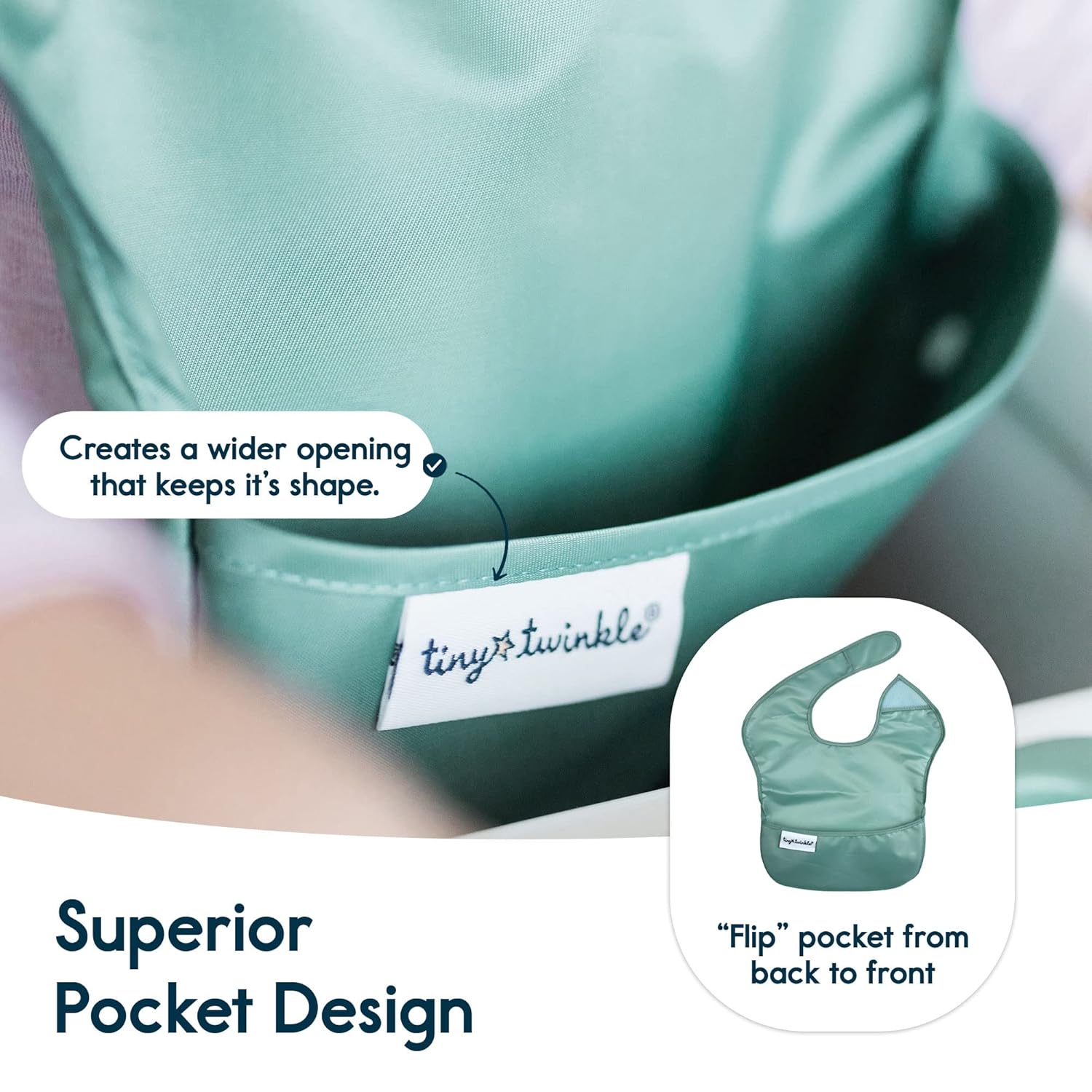 Tiny Twinkle Mess Proof Baby Bibs for Eating - Waterproof, Wipeable Bibs - Toddler Bibs - Travel Friendly - PFAS, PVC, BPA, Phthalate Free - Baby Food Bibs(3 Pack,Olive. Slate)