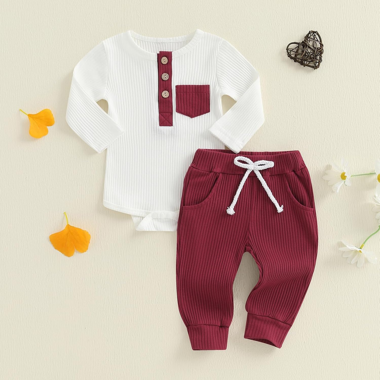 fhutpw Baby Boy Clothes 3 6 12 18 Months Ribbed Knitted Long Sleeve Romper and Pants Sets Newborn Fall Splicing Color Outfits