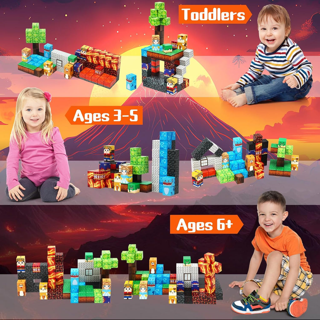 Dinosaur Magnetic Blocks,Dino Volcano World Magnet Building Toys, Sensory Montessori Toys for STEM Learning, Toddler Gift for Boys & Girls Age 3-4 4-5 6-8