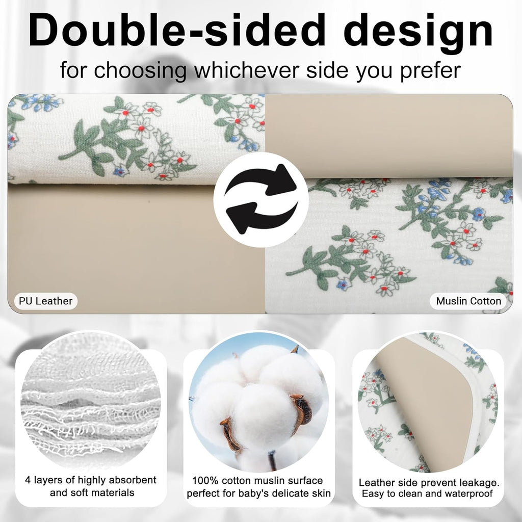 Baby Diaper Changing Pad, 19.7"x25.6" Waterproof Changing Pad Liners with 100% Muslin Cotton Front Top and Leather Back, Soft and Absorbent Portable Changing Mat for Travel, Changing Station