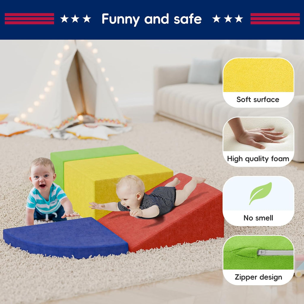 Large Baby Climbing Blocks – 6 Pcs Climbing Toys for Toddlers - Ultra High Density Soft Foam Play Gym Equipment Easy Wash for Indoor Nursery, Classic (Classic, 4-Piece)