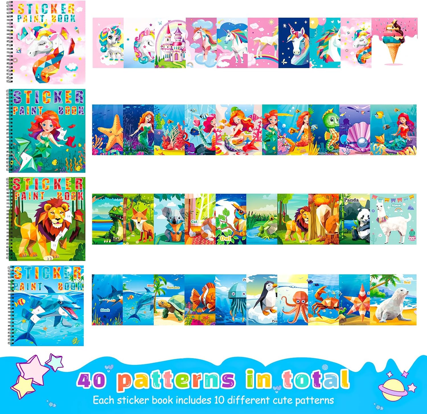 homicozy 4PCS Sticker Paint Books for Kids Ages 4-10,Unicorn Mermaid Animals Designs Paint by Stickers,Sticker by Numbers,Party Birthday Gifts for Girls 4-10,Create 40 Pictures One Stickers at A Time