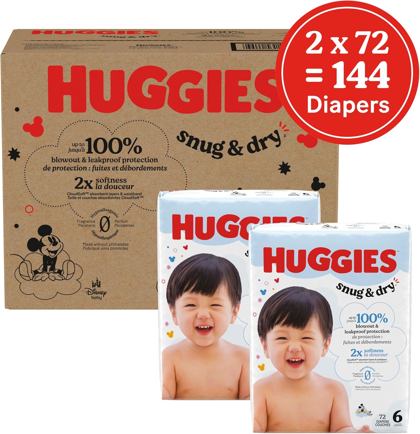 Huggies Size 6 Diapers, Snug & Dry Baby Diapers, Size 6 (35+ lbs), 144 Count (2 Packs of 72), Packaging May Vary