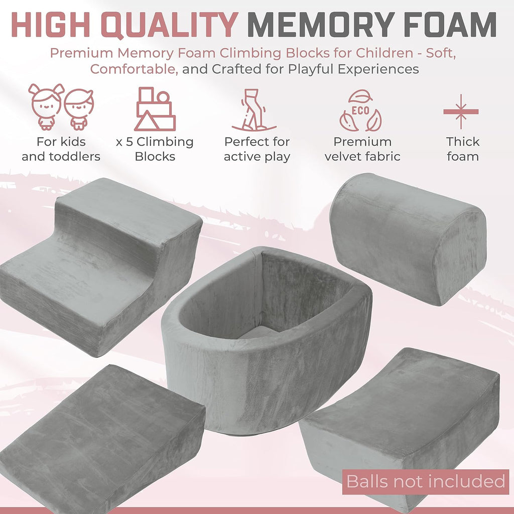 Foam Climbing Blocks for Toddlers 1-3 - Baby Climb and Crawl Activity Playset - Indoor Activity Play Structure for Toddlers - Foam Soft Play Set for Babies - Balls NOT Included - Gray