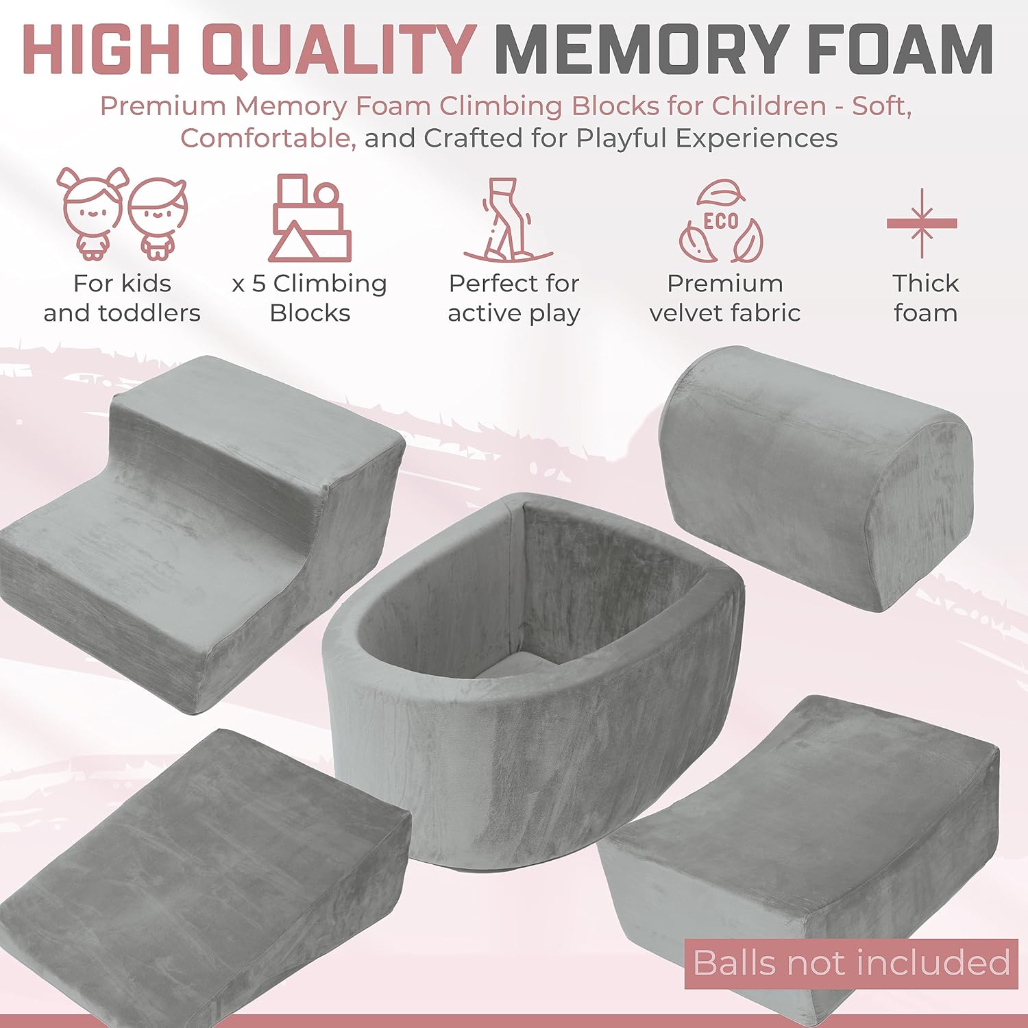 Foam Climbing Blocks for Toddlers 1-3 - Baby Climb and Crawl Activity Playset - Indoor Activity Play Structure for Toddlers - Foam Soft Play Set for Babies - Balls NOT Included - Gray