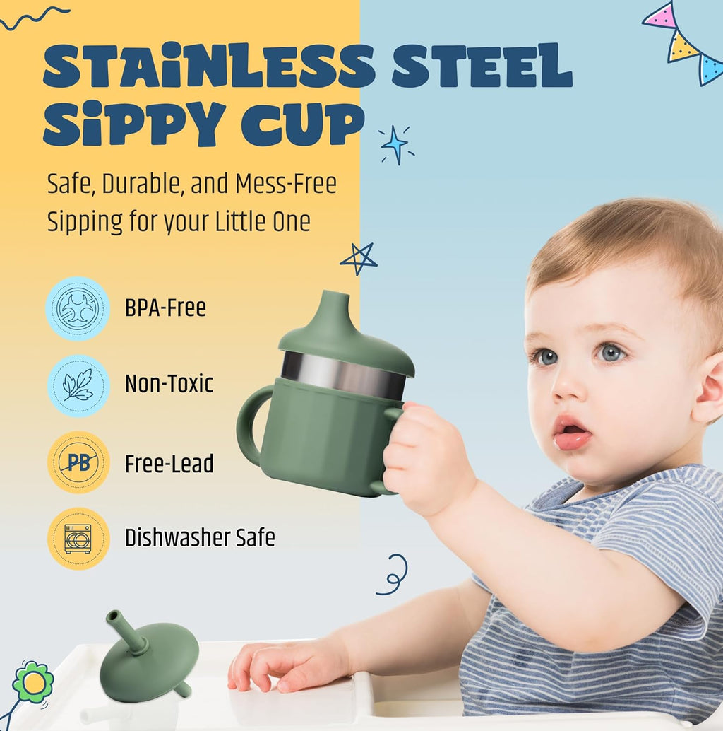 Jumble Dream Baby Sippy Cup, 100% Silicon Training Stainless Steel Kids Cups with Silicon Straw, Toddler Tumbler with Straw Spill Proof |6 Month Plus Toddler Sippy Cup| BPA Free (Blue Moon)