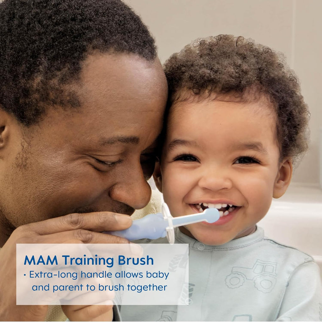 MAM Learn to Brush Set (1 Baby's Brush Toothbrush, 1 Training Brush, 1 Safety Shield), Baby Toothbrushes with Brushy The Bear, Interactive App, for Boys 5+ Months, Blue