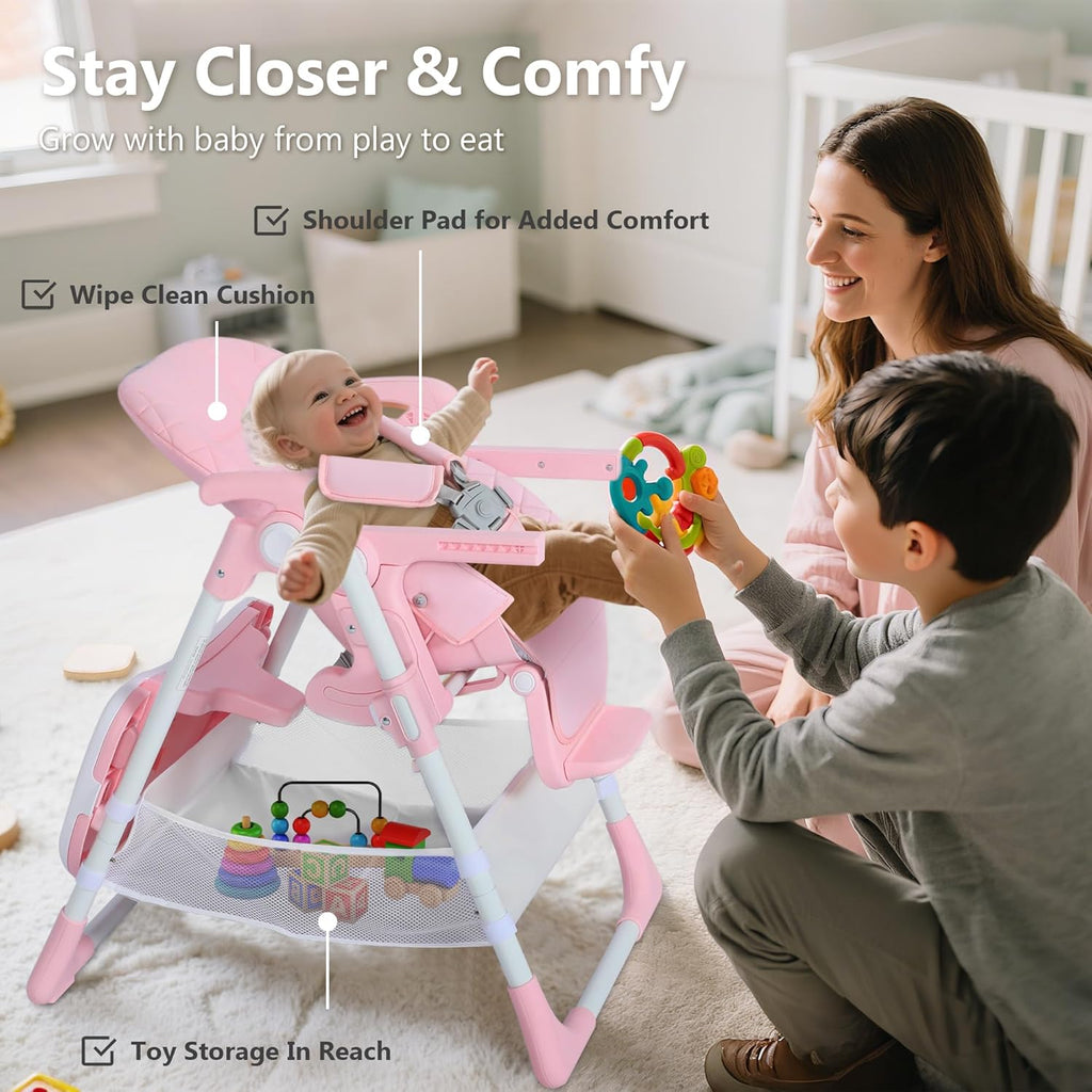 Kinder King Convertible Baby High Chair, Adjustable Feeding Chair for Babies and Toddlers with Removable Double Tray, Simple Compact Fold for Space-Saving, 2 Built-in Wheels, Easy to Clean, Pink