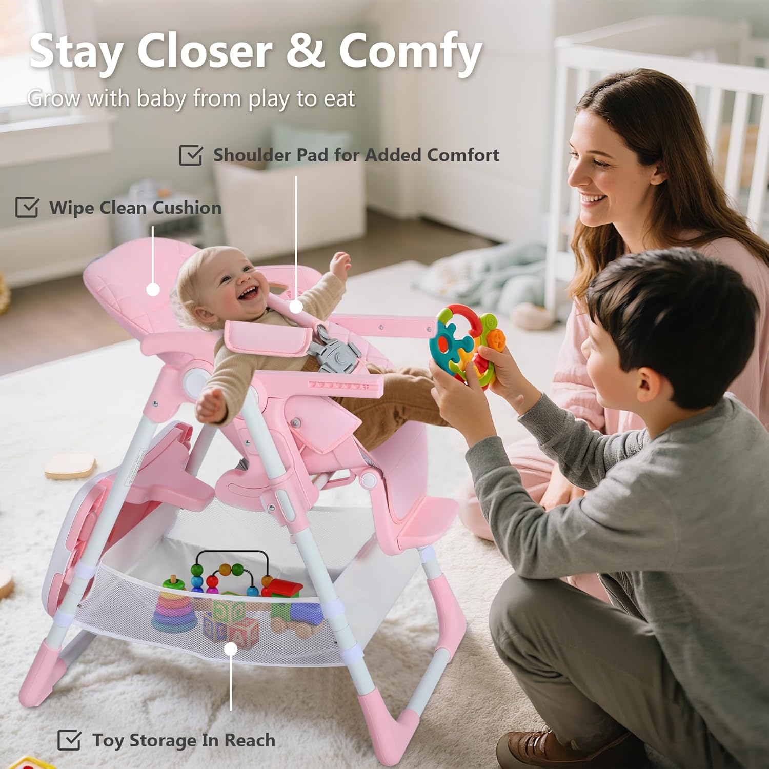 Kinder King Convertible Baby High Chair, Adjustable Feeding Chair for Babies and Toddlers with Removable Double Tray, Simple Compact Fold for Space-Saving, 2 Built-in Wheels, Easy to Clean, Pink