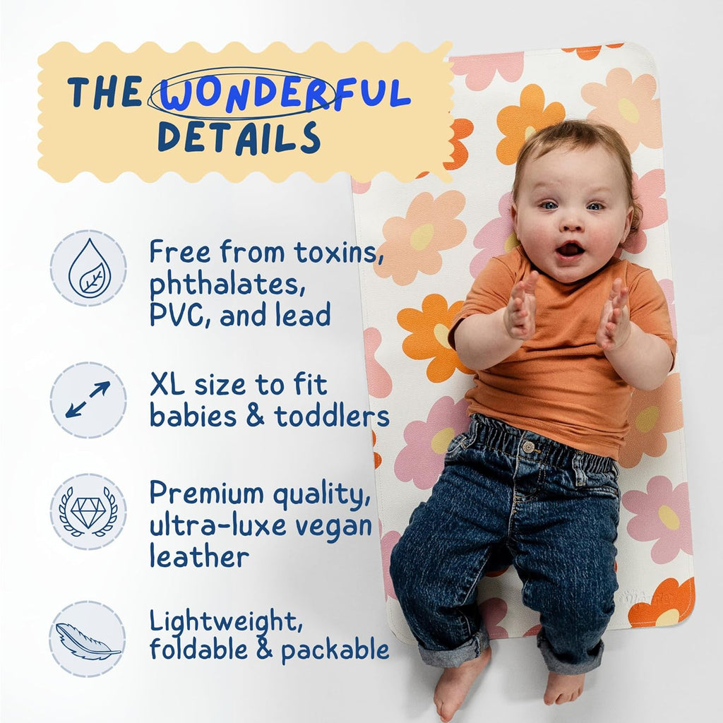 Leather Changing Mat with Reusable Waterproof Wet Bag, (16 x 30 Inches) Baby Changing Mat, Non-Toxic Changing Pad Portable Folds and Wipes Clean, Baby Changing Pad Travel (Floral)