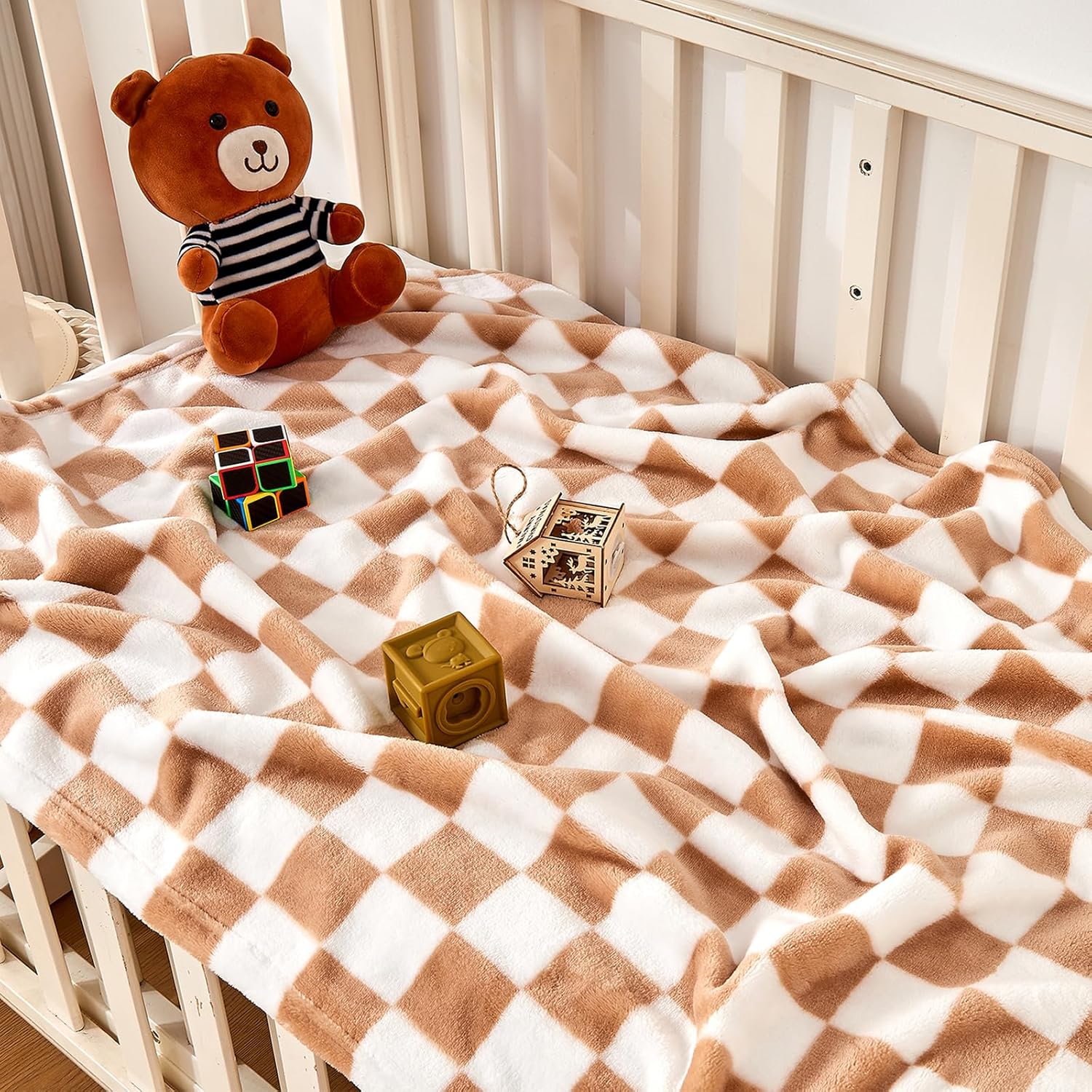Yurhap Checkered Baby Blanket Fleece Baby Blankets Neutral for Boys Girls, Super Soft Warm Lightweight Infant Toddler Newborn Receiving Blankets for Crib Stroller, 30''x40'', Khaki