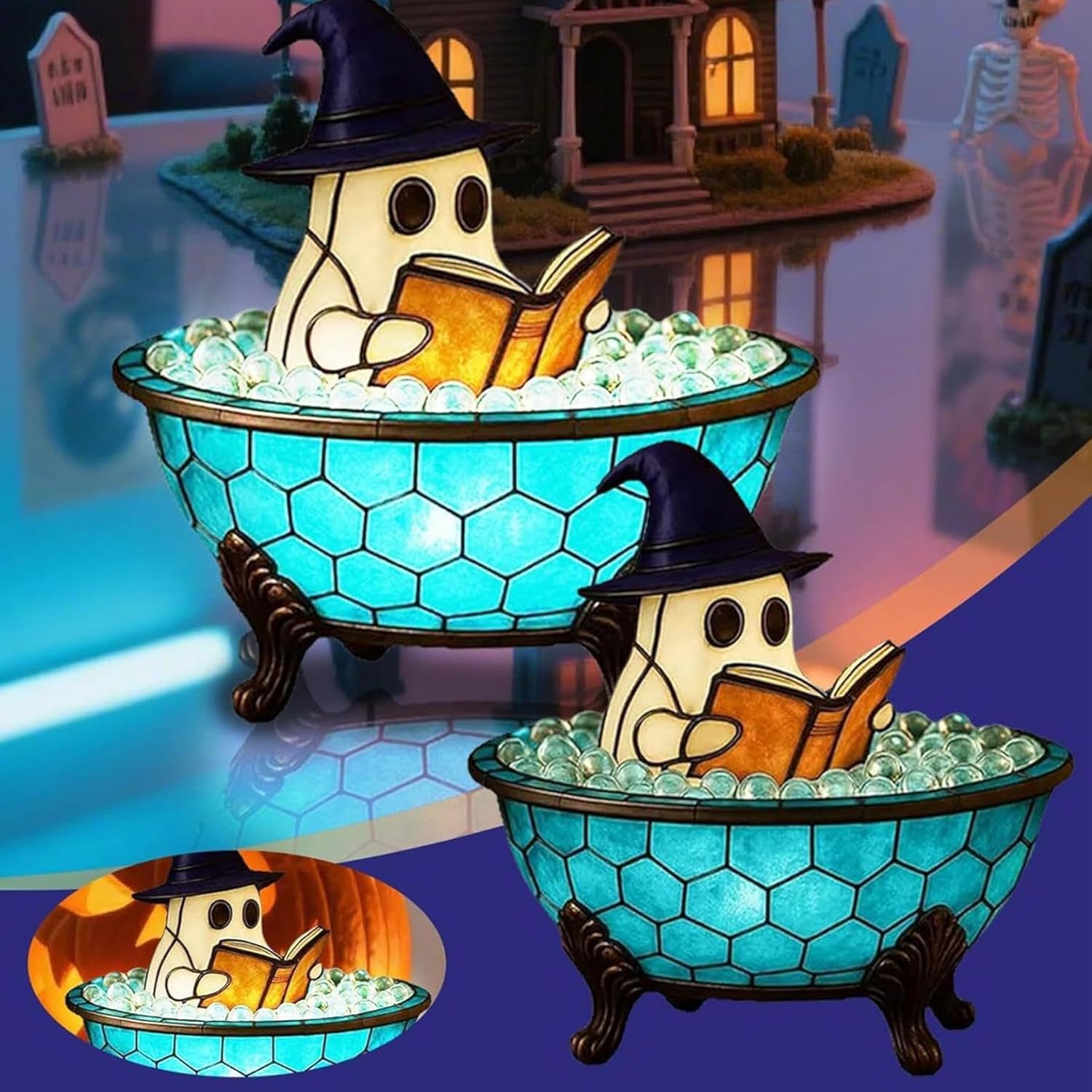 Ghost Bubble Bath Lamp, Halloween Light up Ghost Night Light, LED Flickering Nightlight, Cute Bathtub Spooky Books Nightlight for Halloween Ghost Decor