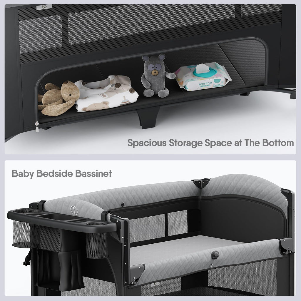 4 in 1 Baby Bassinet, Pack and Play, Bedside Crib Sleeper, Diaper Changer - Comes with Mattress, Mosquito Net，Bottom Storage and Toy Bar for Newborn to Toddles