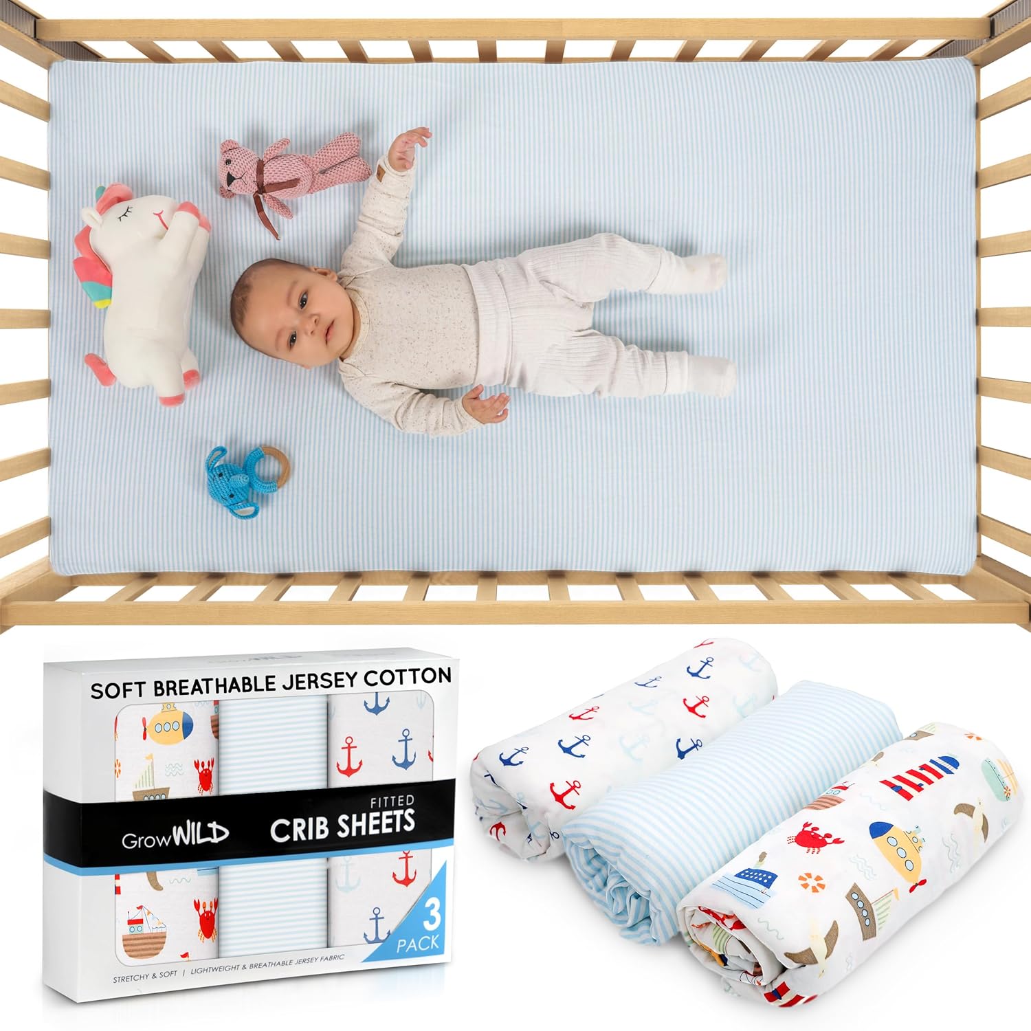 GROW WILD Nautical & Ships Baby Crib Sheets for Boys (3 Pack) - Jersey Knit Fitted Sheet (52" x 28"), Toddler Bedding Set & Baby Boy Crib Bedding Set, Anchors and Ships with Stripes