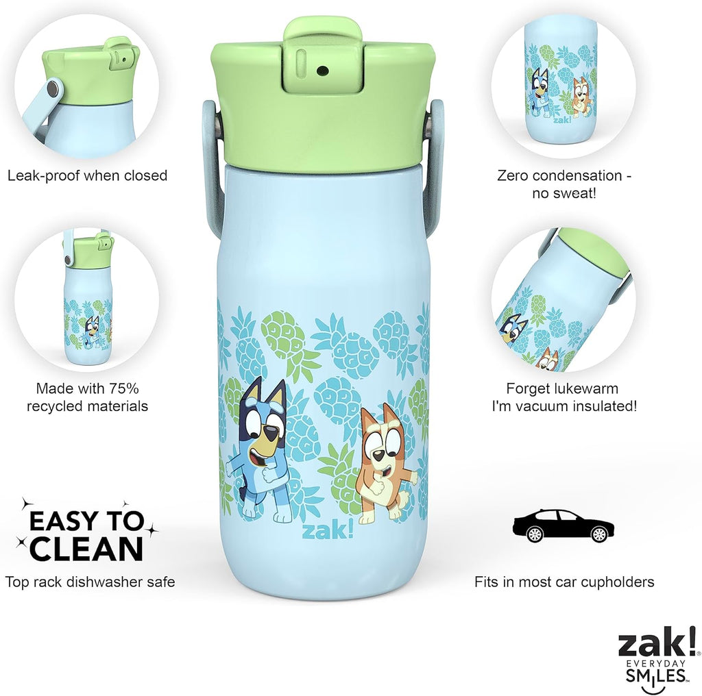 Zak Designs Harmony Bluey Kid Water Bottle for Travel or At Home, 14oz Recycled Stainless Steel is Leak-Proof When Closed and Vacuum Insulated (Bluey, Bingo, Muffin)