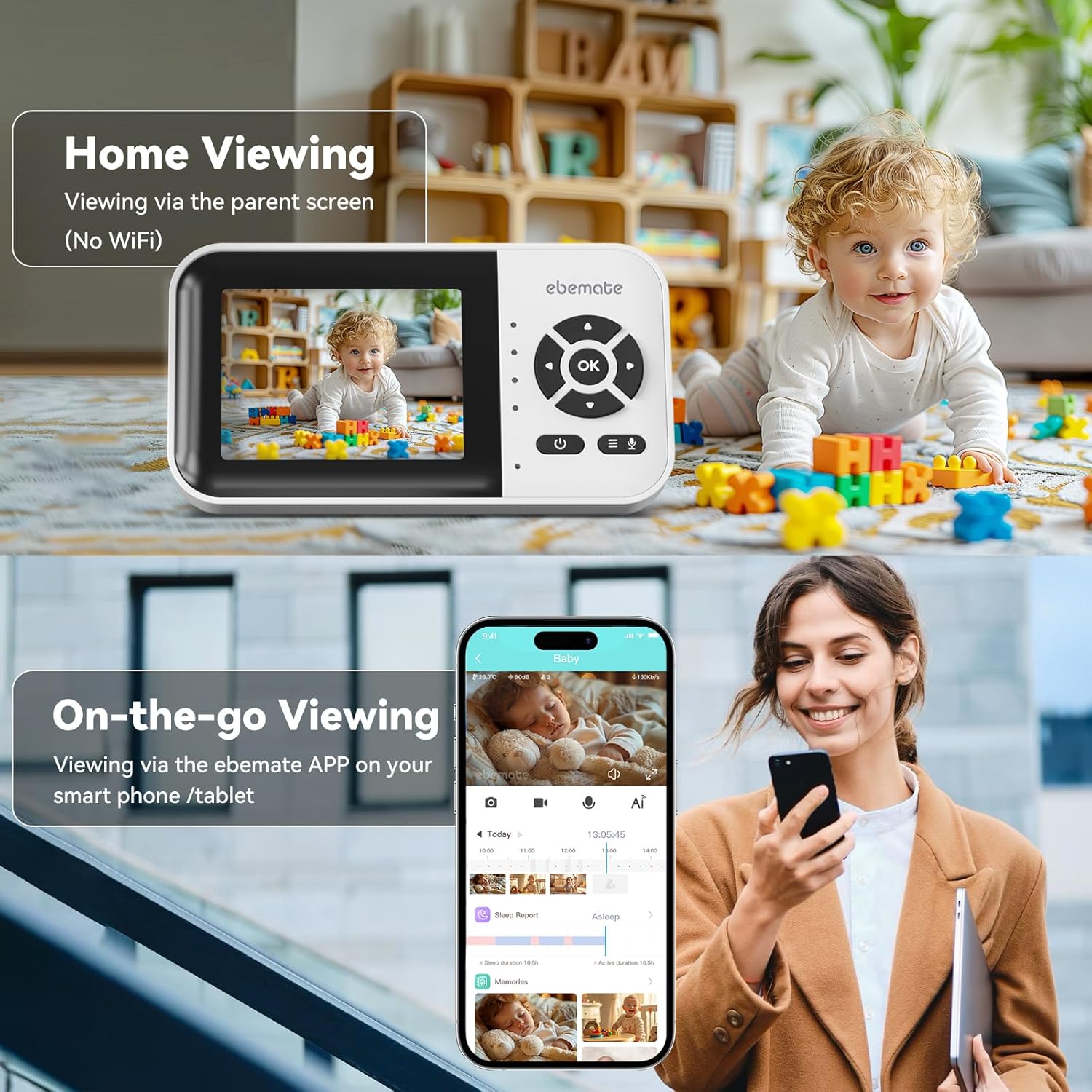 ebemate WiFi Video Baby Monitor,2.8" Display with 1080P Camera,No Glow Night Vision,2-Way Talk & 1500Ft Long Range,WiFi On/Off Cam Baby Monitoring EBS28