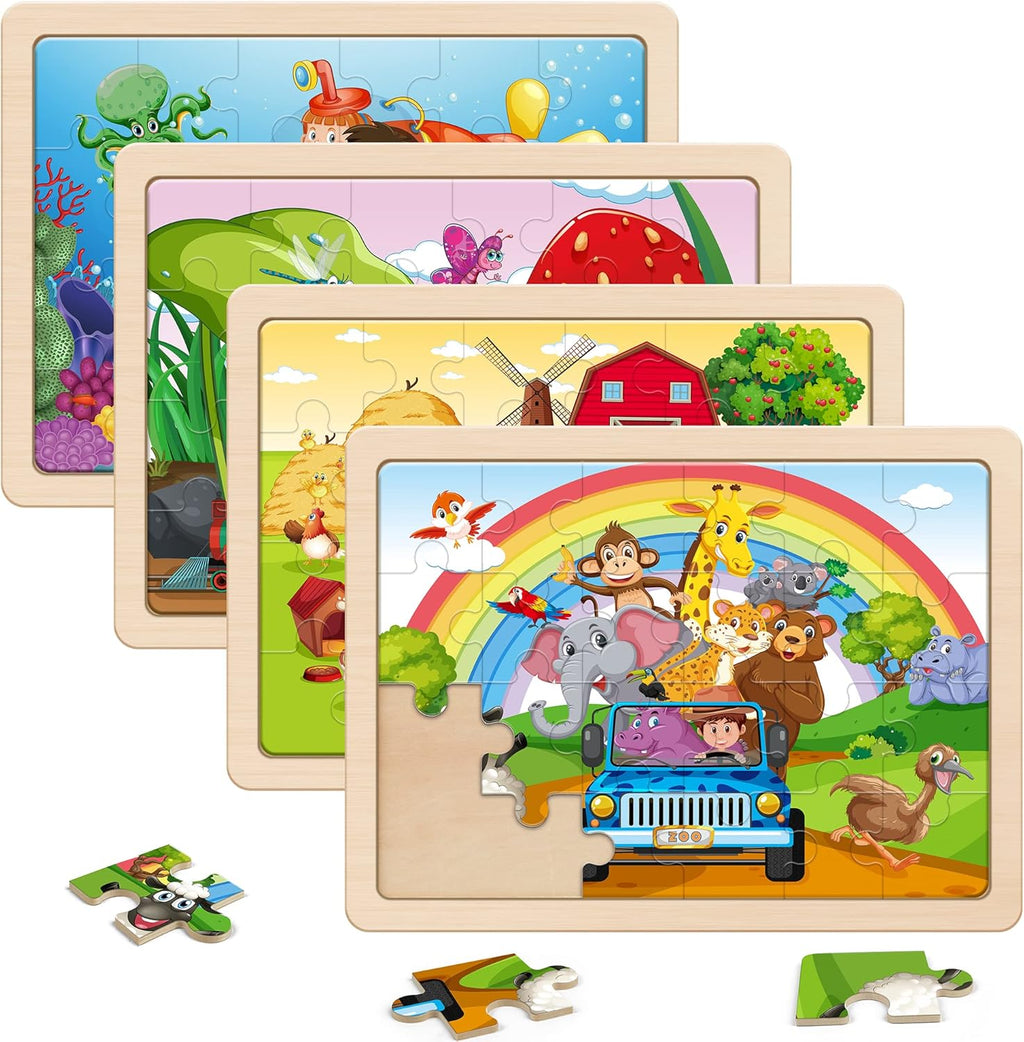 SYNARRY Large Animals Wooden Puzzles for Kids 4 in 1 Gift Box(12.2 * 9.4 in) - FSC Certified, Jigsaw Puzzles for Toddlers 3-5, Puzzles for Kids Ages 4-6, Wood Toys Gifts for 3 4 5 Year Old Boys Girls