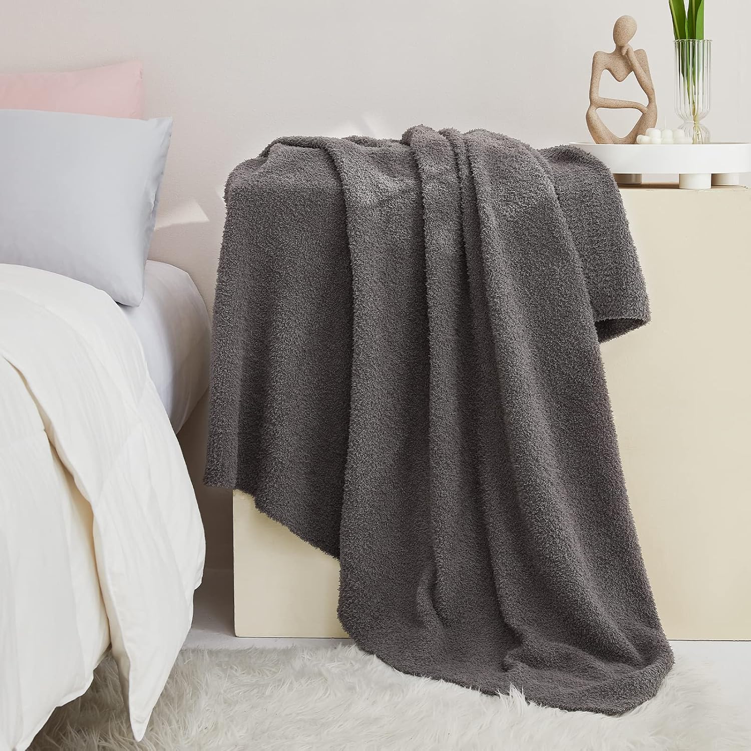 CYMULA Super Soft Knit Throw Blanket Twin Size Dark Grey-Lightweight Plush Fuzzy Fluffy Warm Cozy Blankets and Throws for Sofa Bed All Season Use, 60x80 inches